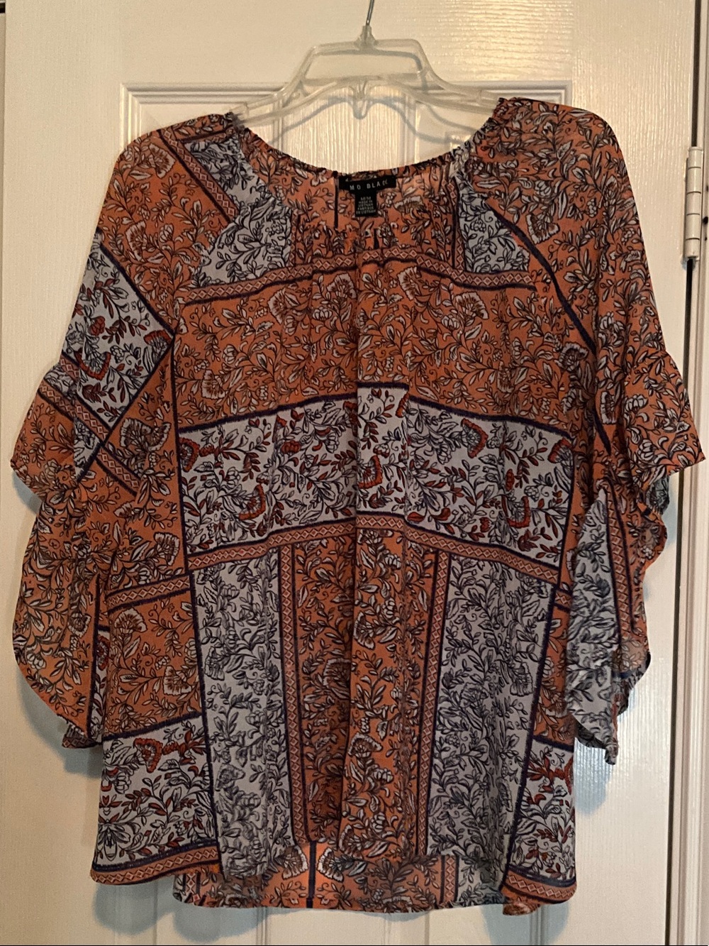 Boho Patchwork Tunic in Orange and Cream - Relaxed Flutter Sleeve